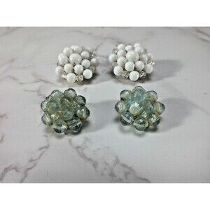 Vintage Signed Germany Clip On Earrings Beaded Cluster Green White Lot of 2 READ
